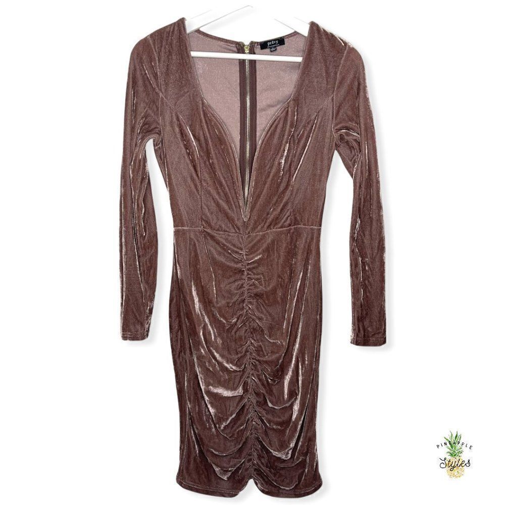 PRIVY Crushed Velvet Wired Low Cut Front Long Sleeve Dress